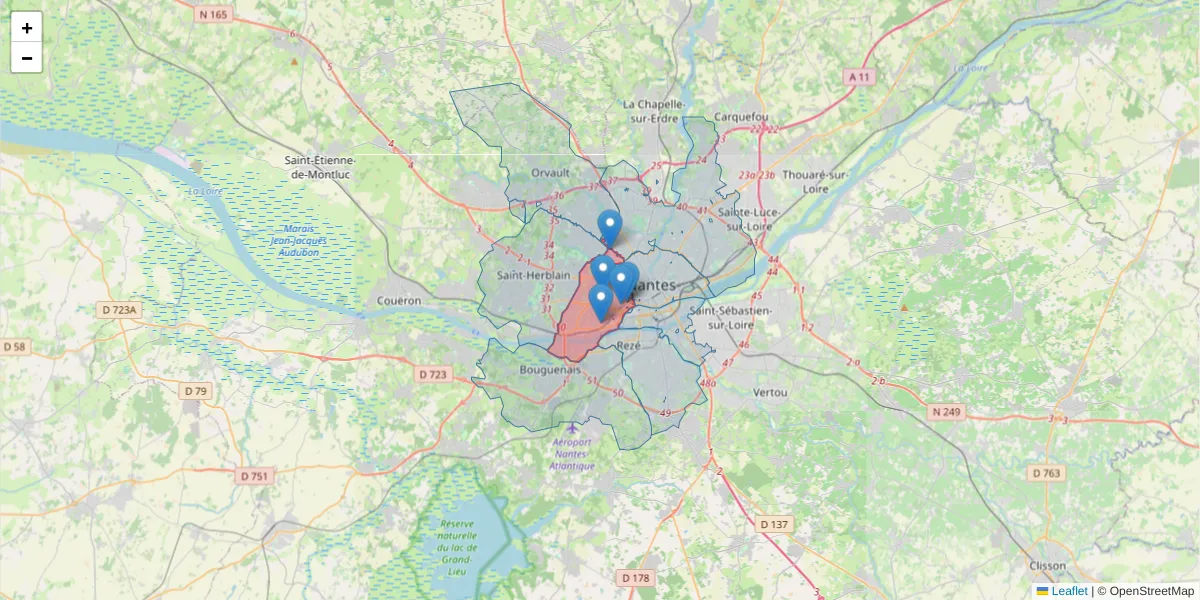 Carte de la zone du code postal  et des codes postaux voisins en France