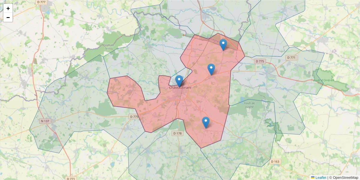 Carte de la zone du code postal  et des codes postaux voisins en France