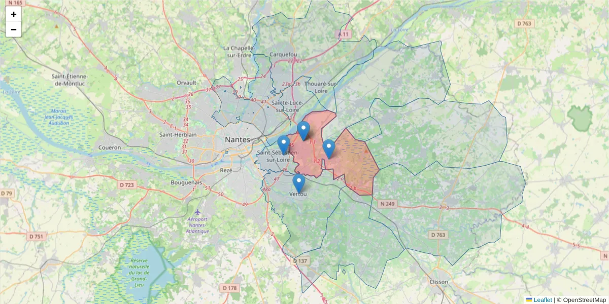Carte de la zone du code postal  et des codes postaux voisins en France