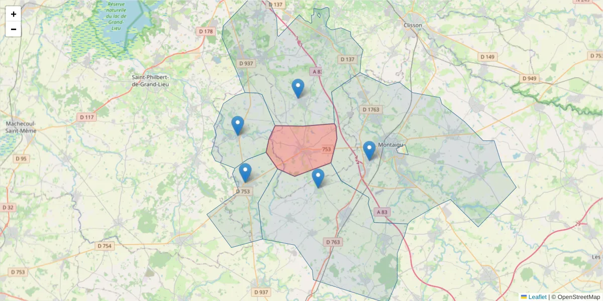 Carte de la zone du code postal  et des codes postaux voisins en France