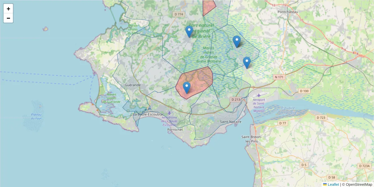 Carte de la zone du code postal  et des codes postaux voisins en France