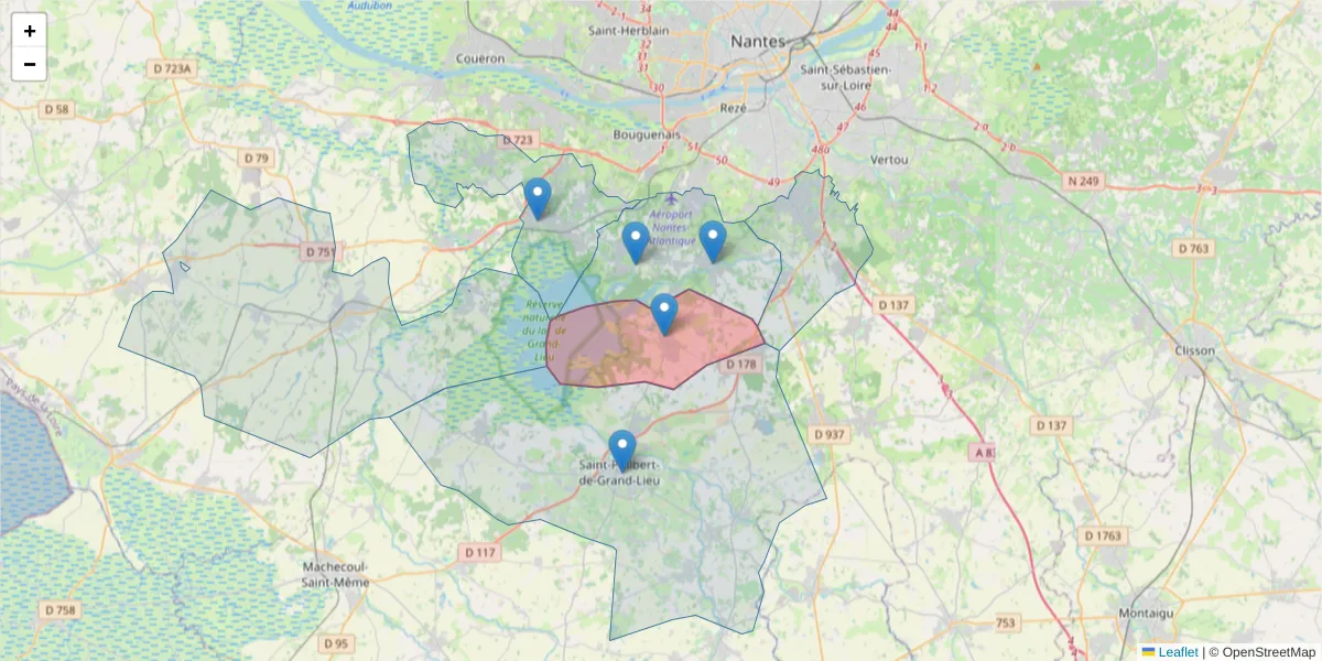Carte de la zone du code postal  et des codes postaux voisins en France