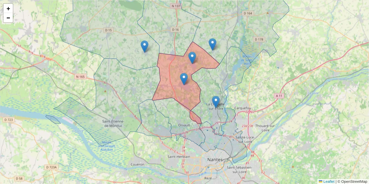 Carte de la zone du code postal  et des codes postaux voisins en France