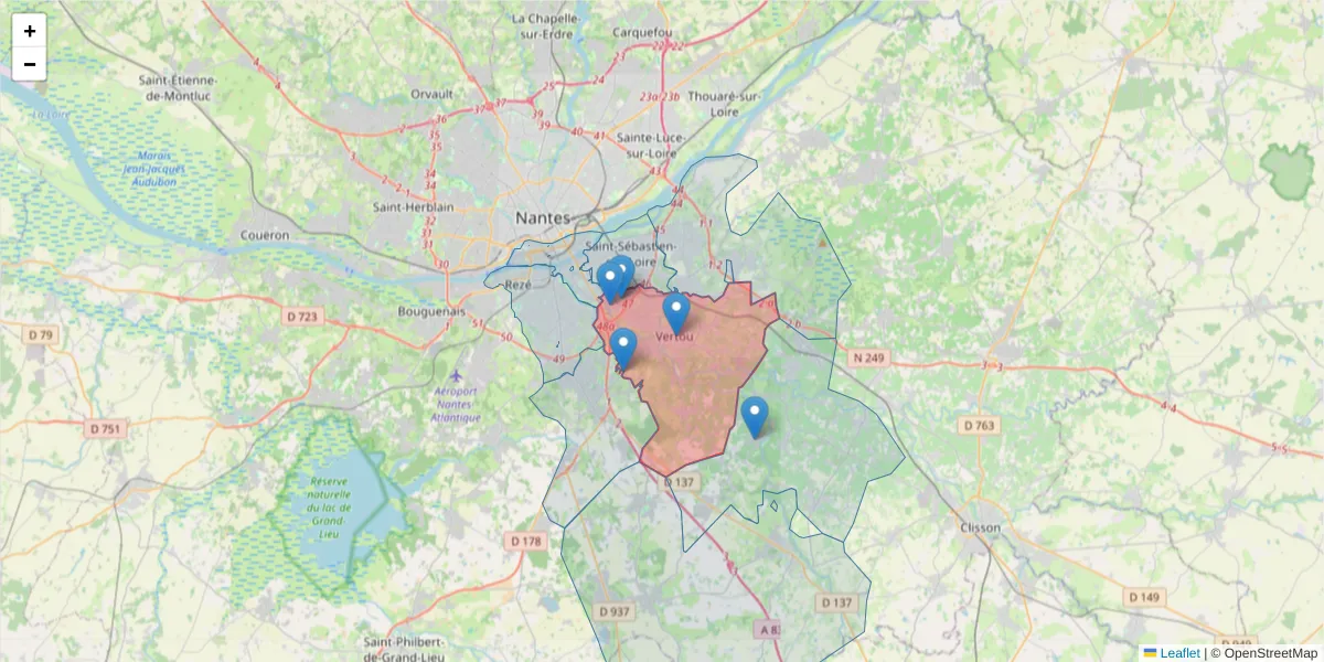 Carte de la zone du code postal  et des codes postaux voisins en France