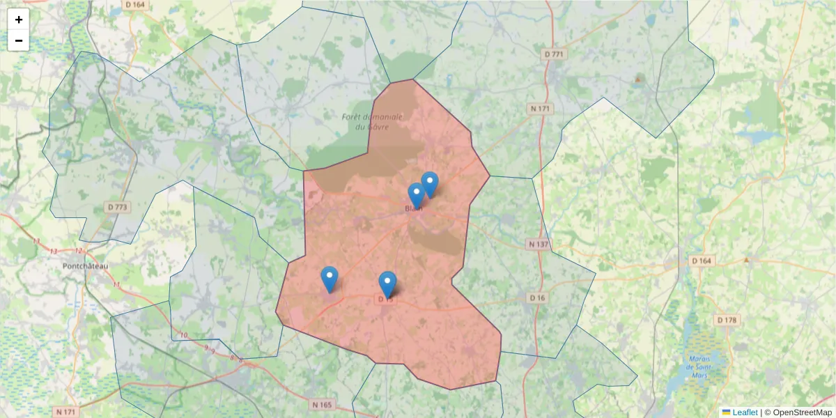 Carte de la zone du code postal  et des codes postaux voisins en France