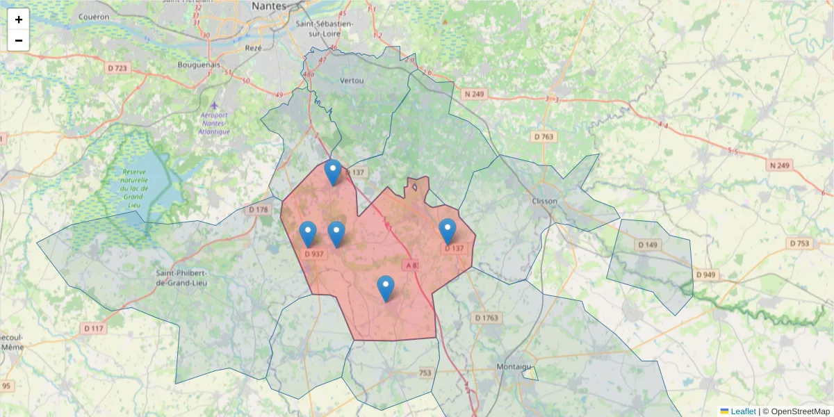 Carte de la zone du code postal  et des codes postaux voisins en France