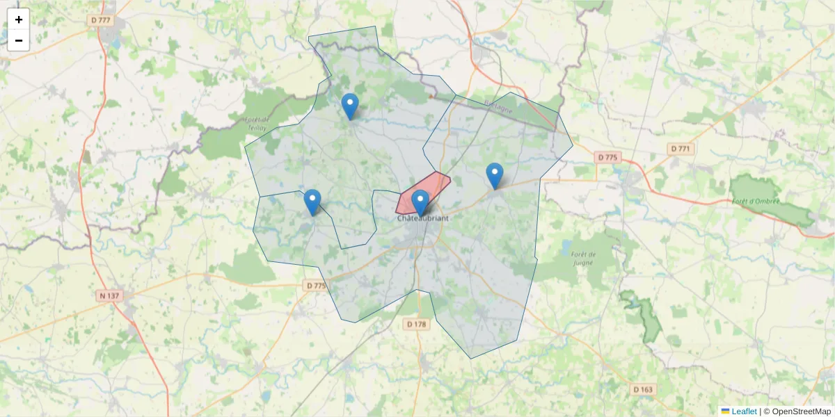 Carte de la zone du code postal  et des codes postaux voisins en France