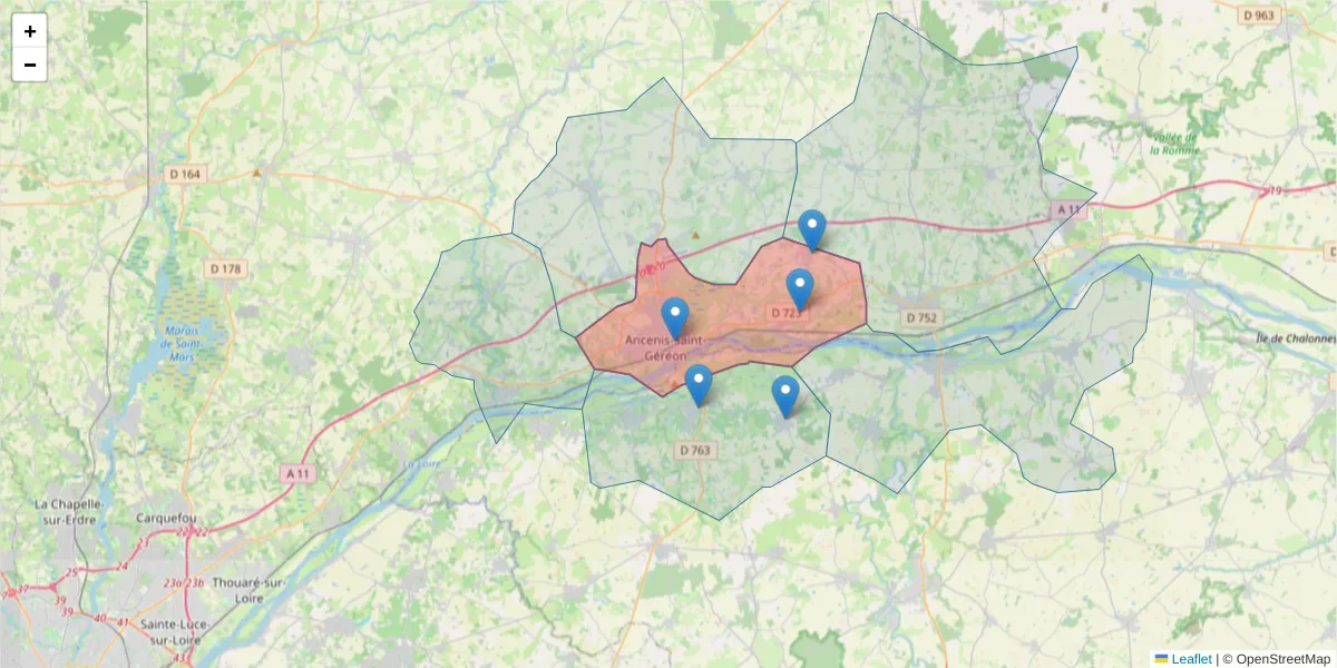Carte de la zone du code postal  et des codes postaux voisins en France