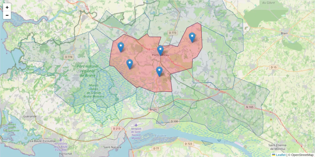 Carte de la zone du code postal  et des codes postaux voisins en France