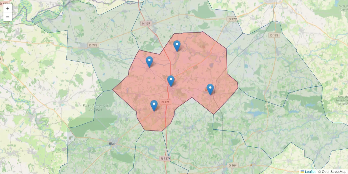 Carte de la zone du code postal  et des codes postaux voisins en France