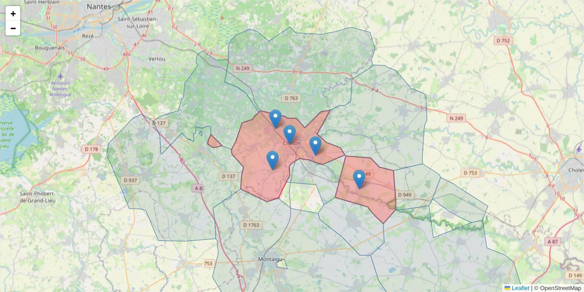 Carte de la zone du code postal  et des codes postaux voisins en France
