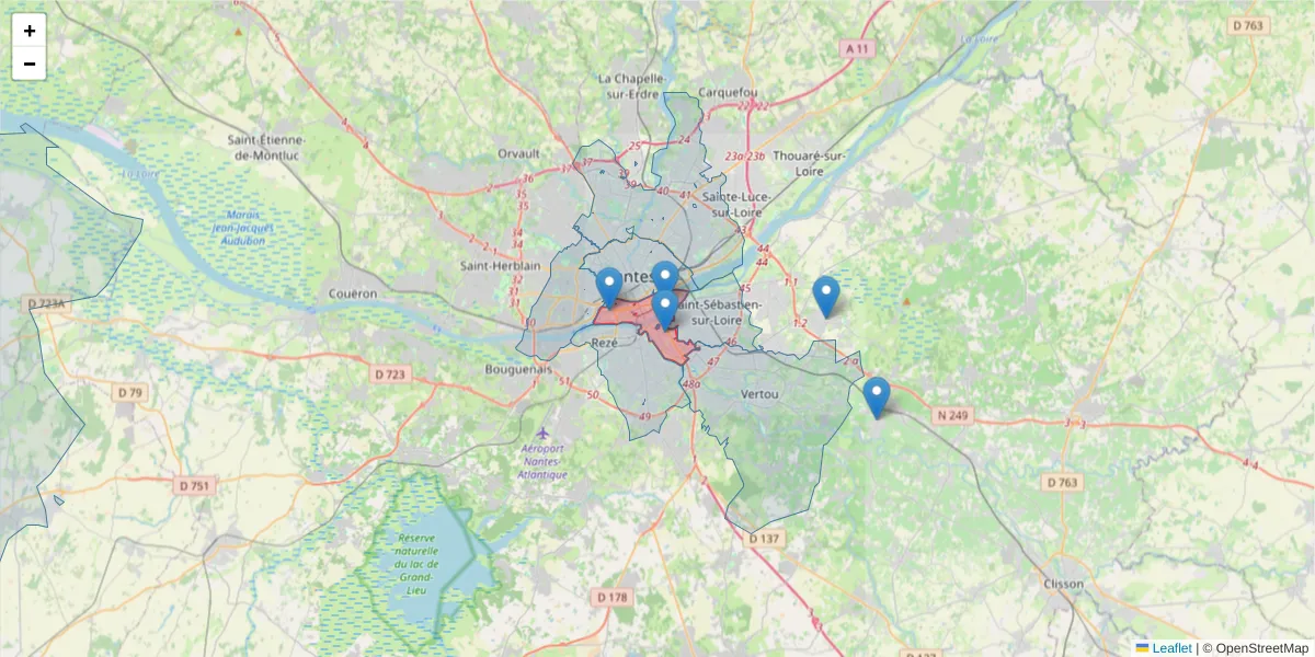 Carte de la zone du code postal  et des codes postaux voisins en France
