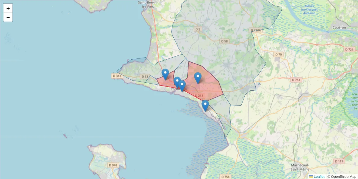 Carte de la zone du code postal  et des codes postaux voisins en France