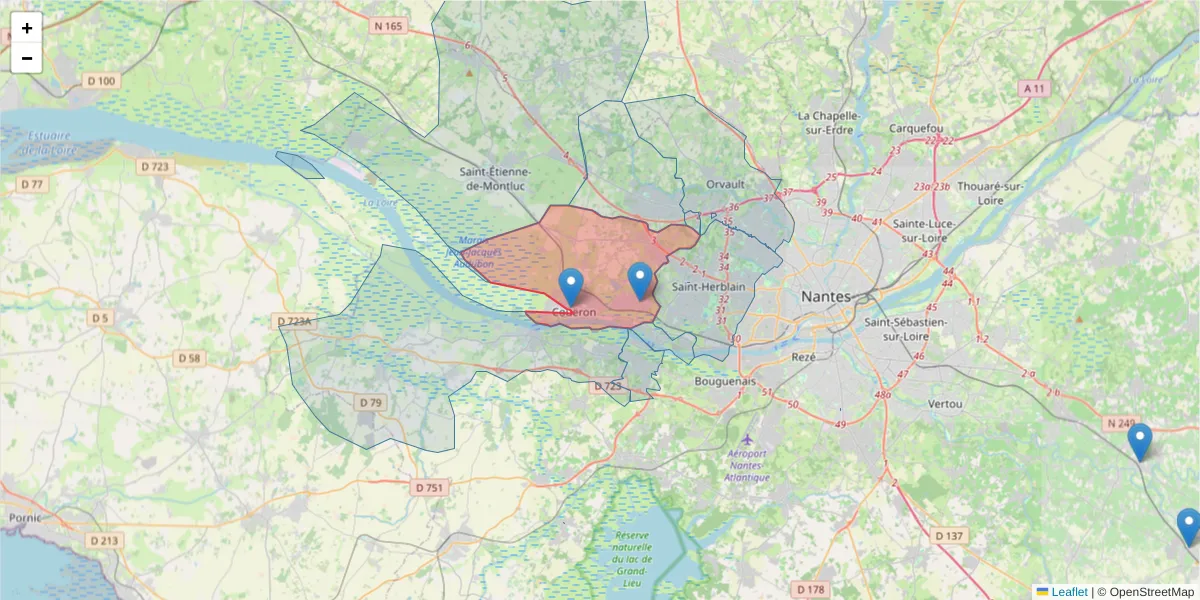 Carte de la zone du code postal  et des codes postaux voisins en France