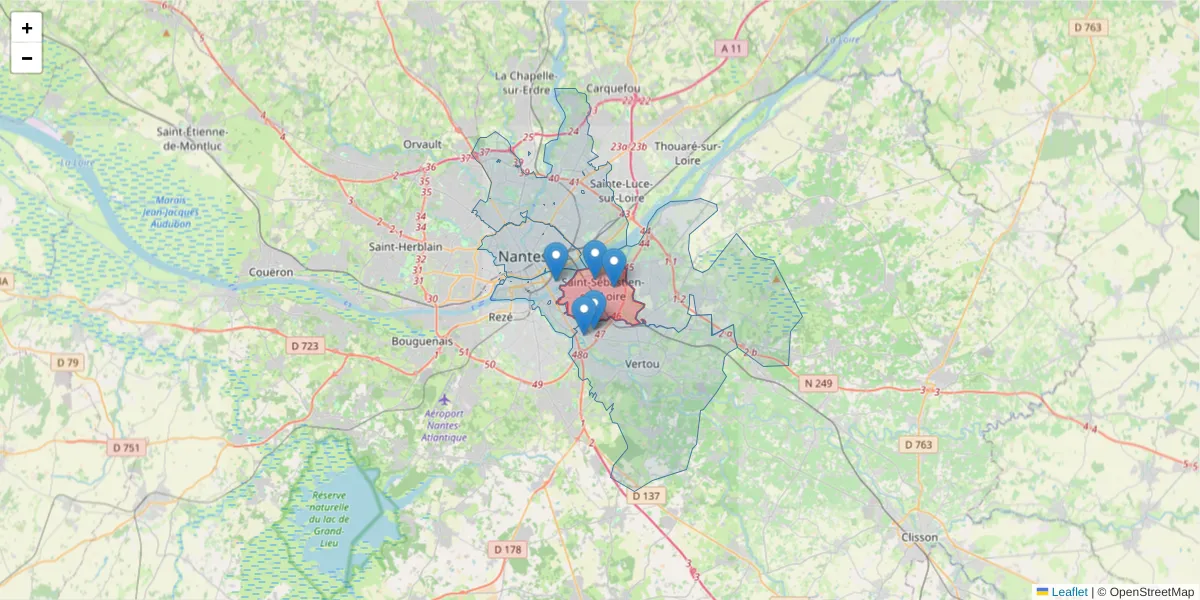 Carte de la zone du code postal  et des codes postaux voisins en France