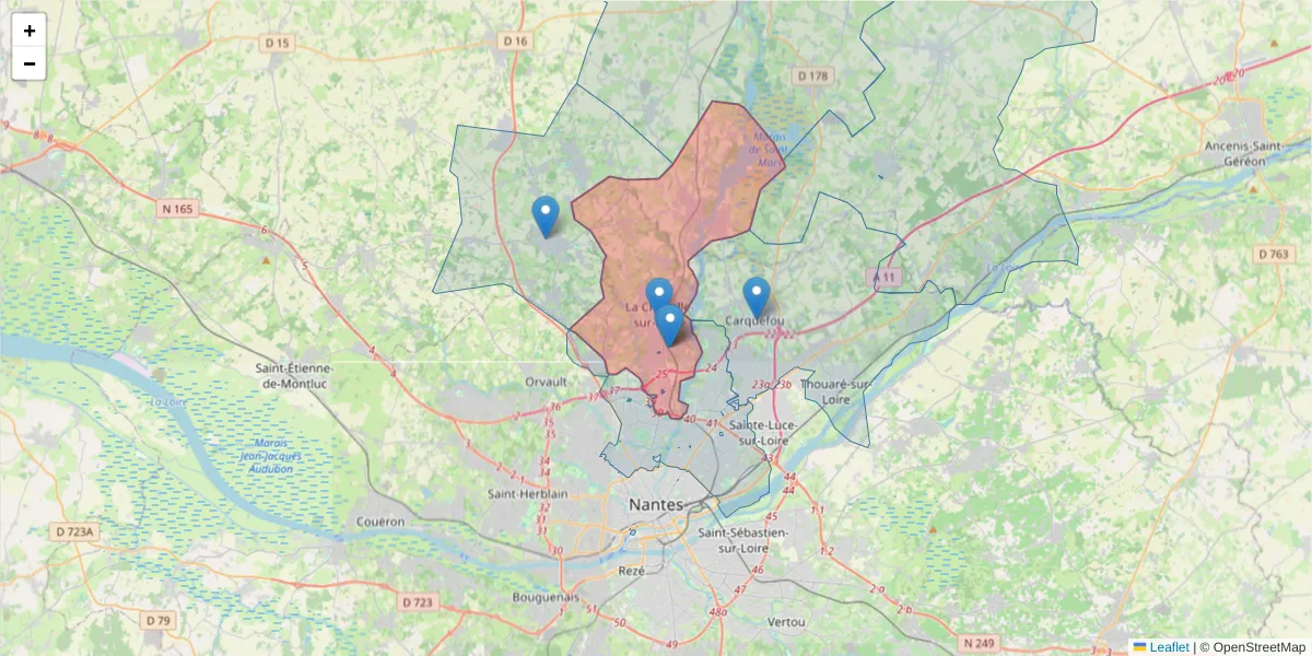Carte de la zone du code postal  et des codes postaux voisins en France