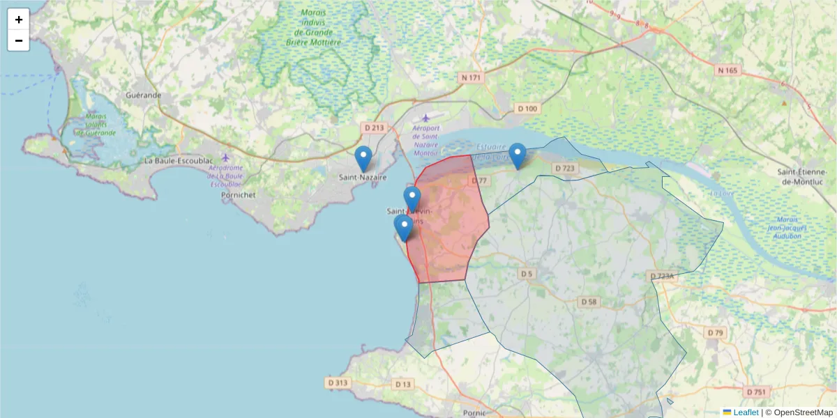Carte de la zone du code postal  et des codes postaux voisins en France
