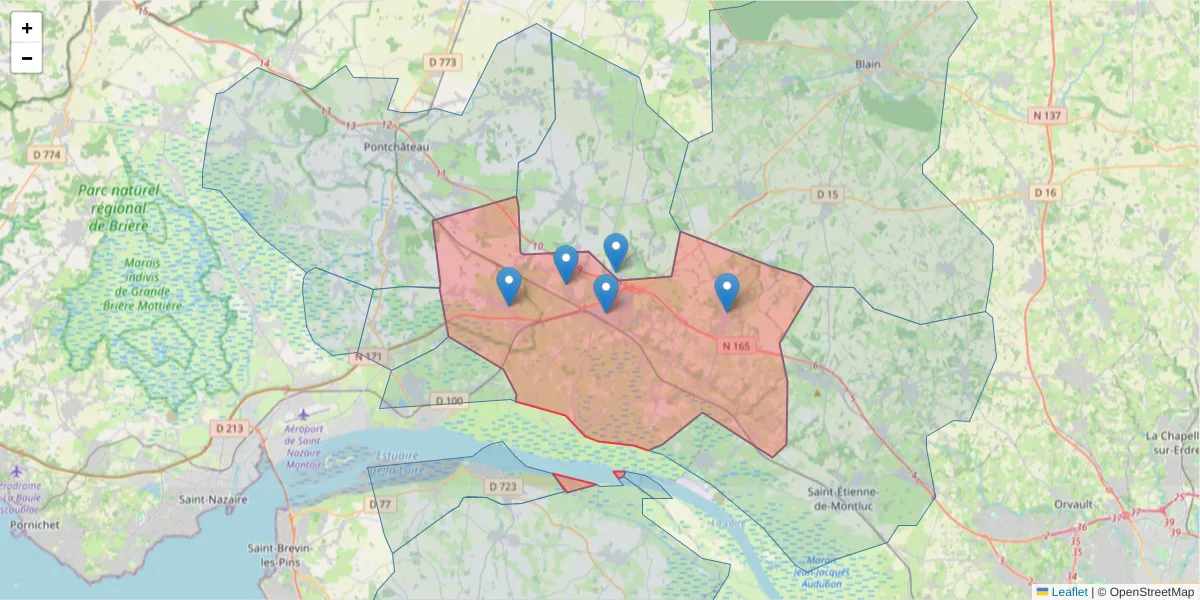 Carte de la zone du code postal  et des codes postaux voisins en France