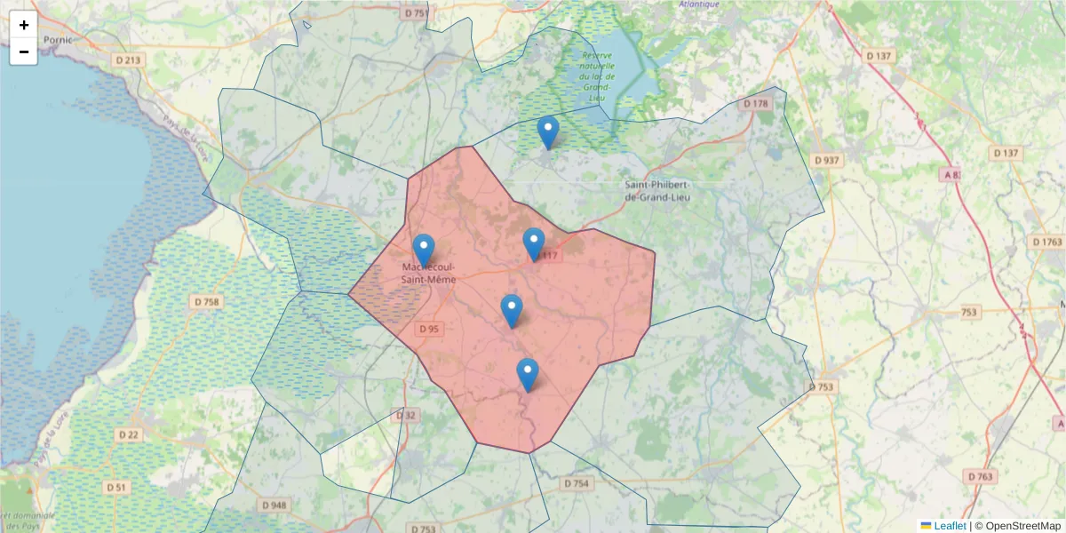 Carte de la zone du code postal  et des codes postaux voisins en France