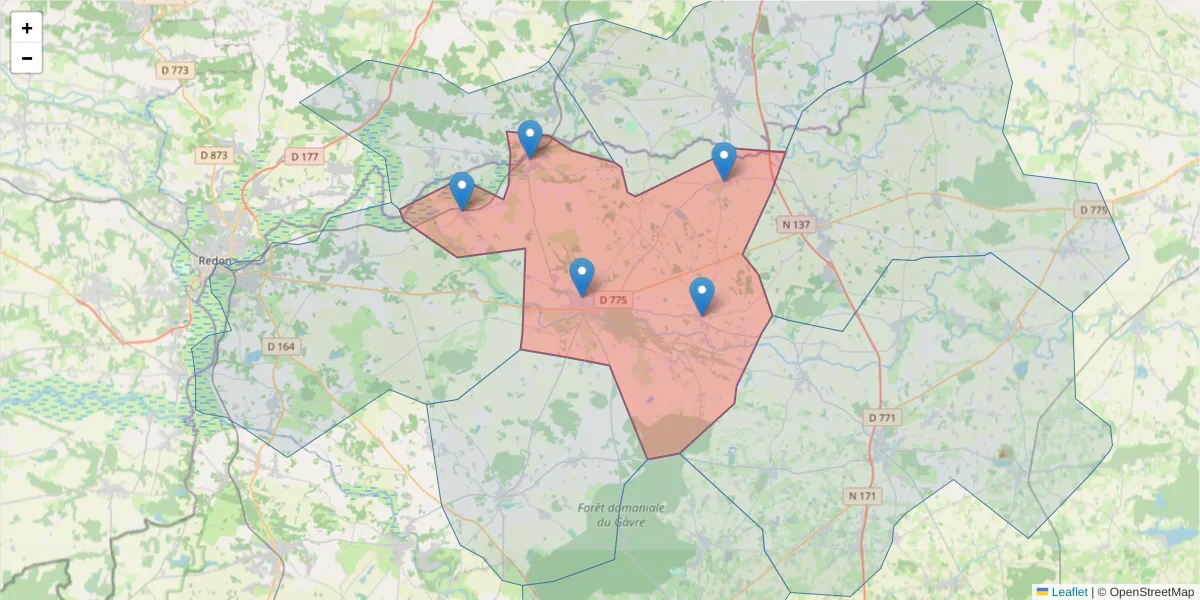 Carte de la zone du code postal  et des codes postaux voisins en France