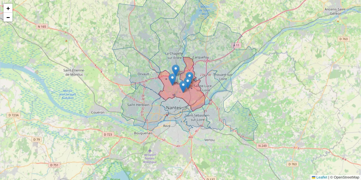 Carte de la zone du code postal  et des codes postaux voisins en France