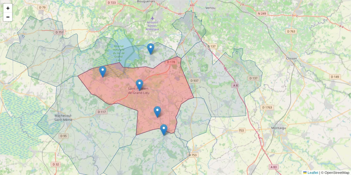 Carte de la zone du code postal  et des codes postaux voisins en France