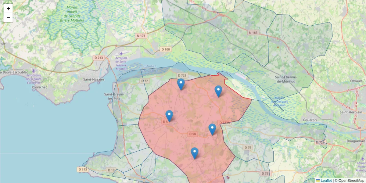Carte de la zone du code postal  et des codes postaux voisins en France