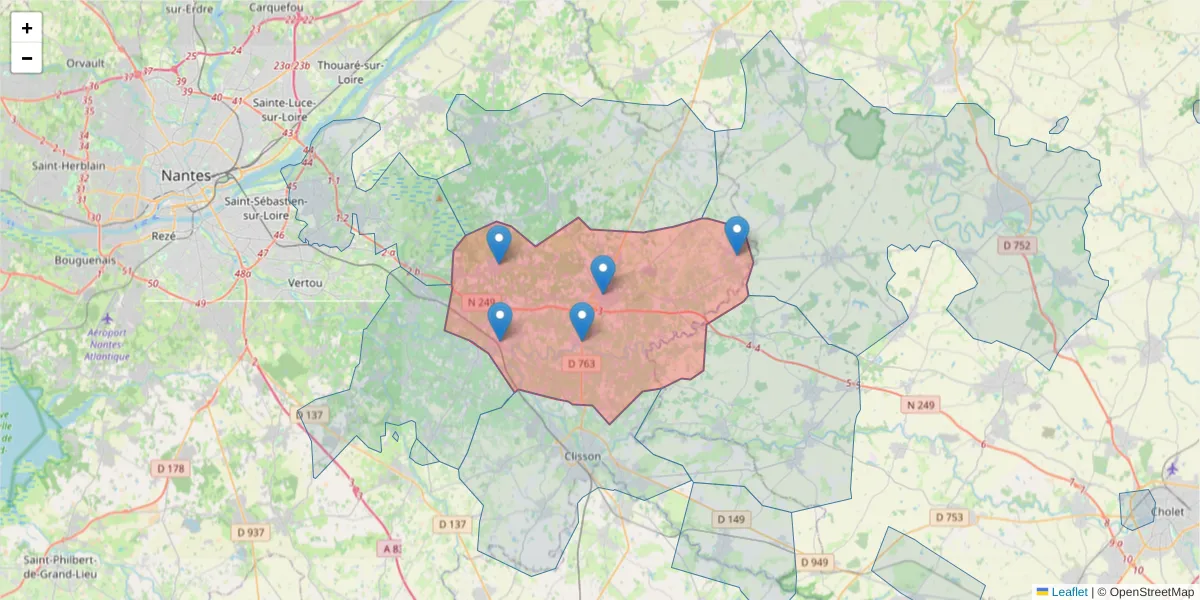 Carte de la zone du code postal  et des codes postaux voisins en France