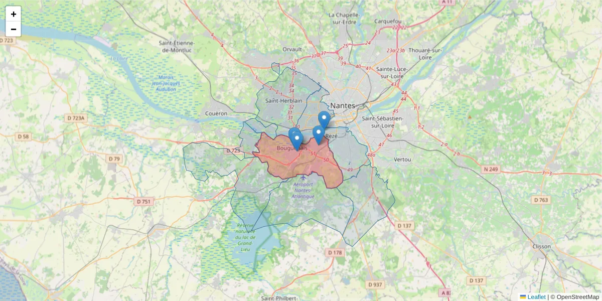 Carte de la zone du code postal  et des codes postaux voisins en France