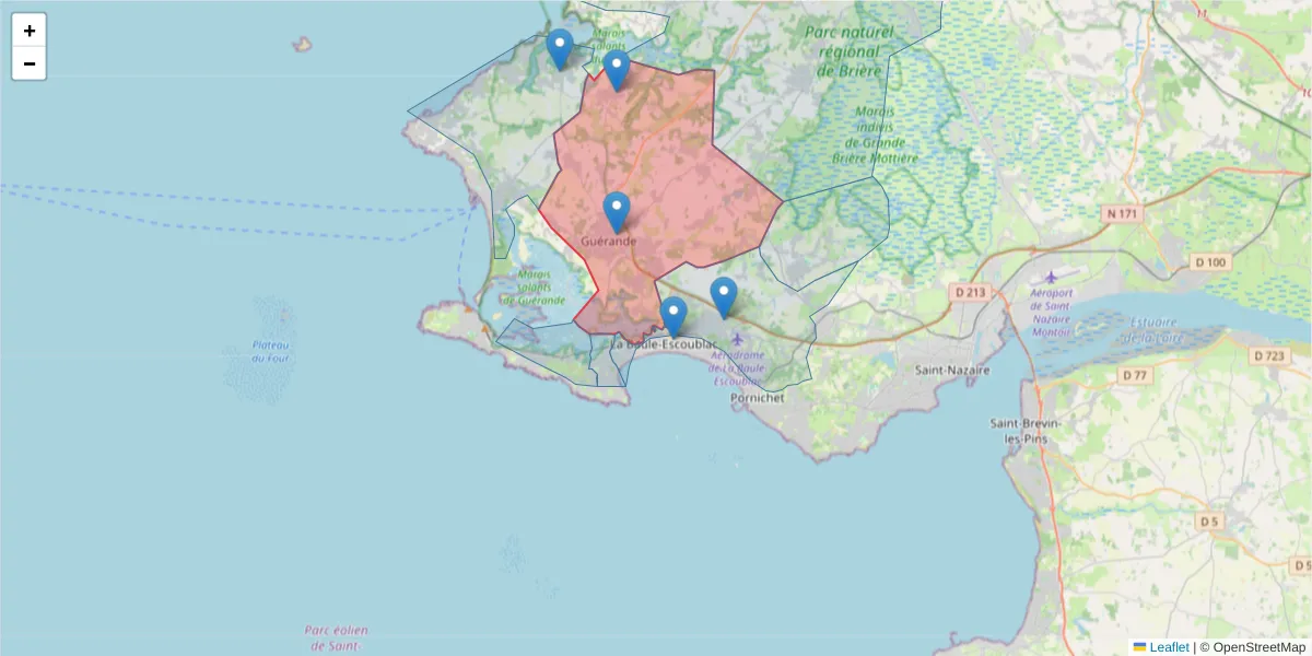 Carte de la zone du code postal  et des codes postaux voisins en France