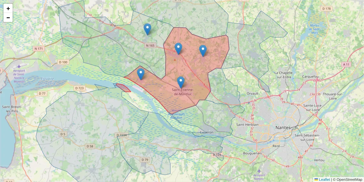 Carte de la zone du code postal  et des codes postaux voisins en France