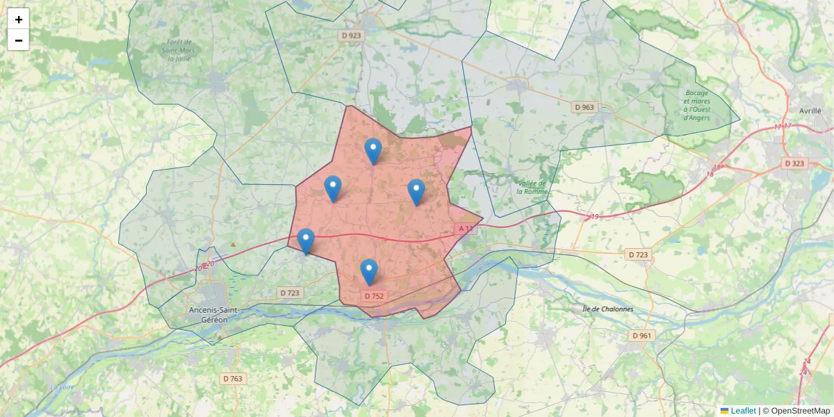 Carte de la zone du code postal  et des codes postaux voisins en France