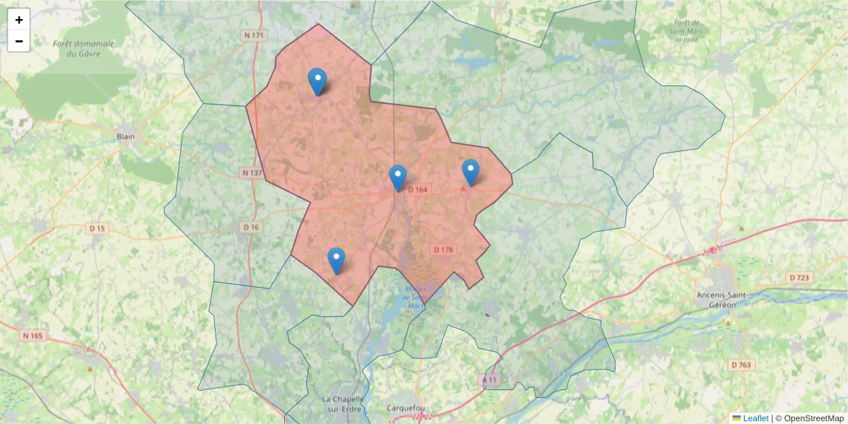 Carte de la zone du code postal  et des codes postaux voisins en France