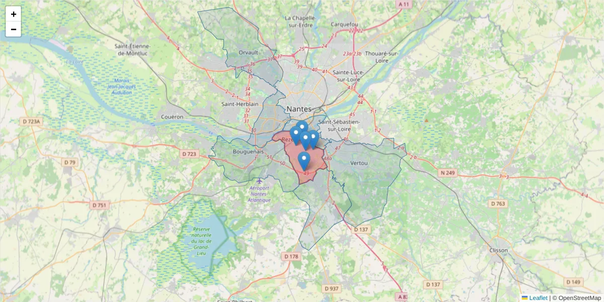 Carte de la zone du code postal  et des codes postaux voisins en France