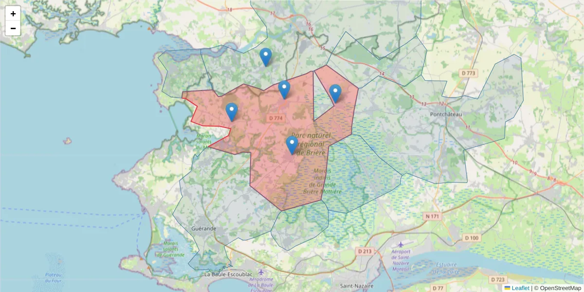 Carte de la zone du code postal  et des codes postaux voisins en France
