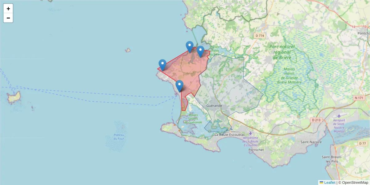 Carte de la zone du code postal  et des codes postaux voisins en France