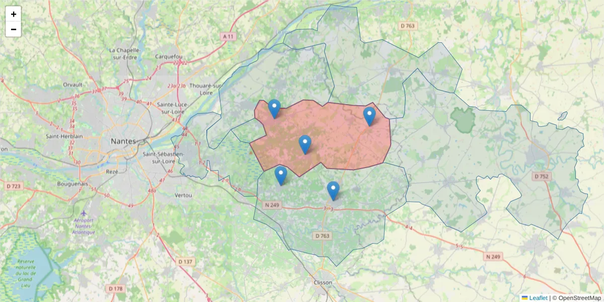 Carte de la zone du code postal  et des codes postaux voisins en France