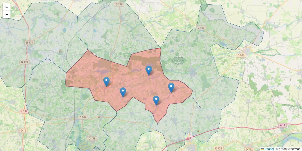 Carte de la zone du code postal  et des codes postaux voisins en France