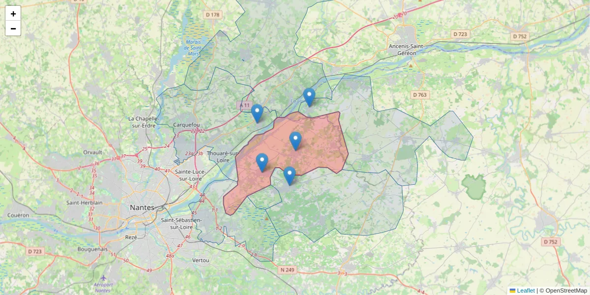 Carte de la zone du code postal  et des codes postaux voisins en France