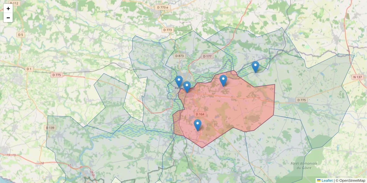 Carte de la zone du code postal  et des codes postaux voisins en France