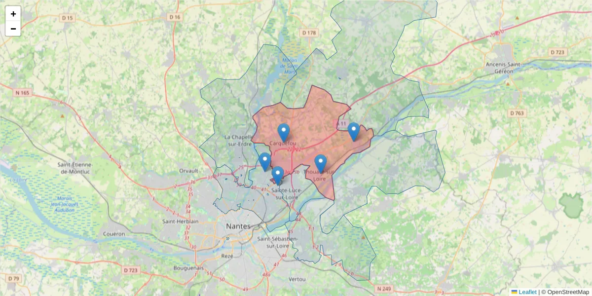 Carte de la zone du code postal  et des codes postaux voisins en France