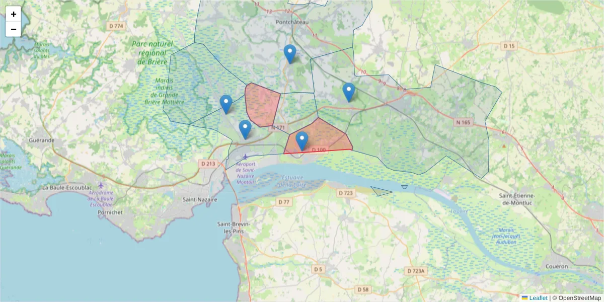 Carte de la zone du code postal  et des codes postaux voisins en France