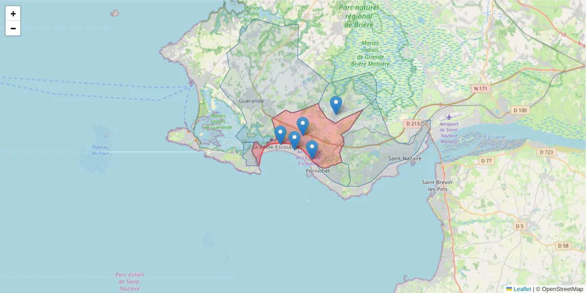 Carte de la zone du code postal  et des codes postaux voisins en France
