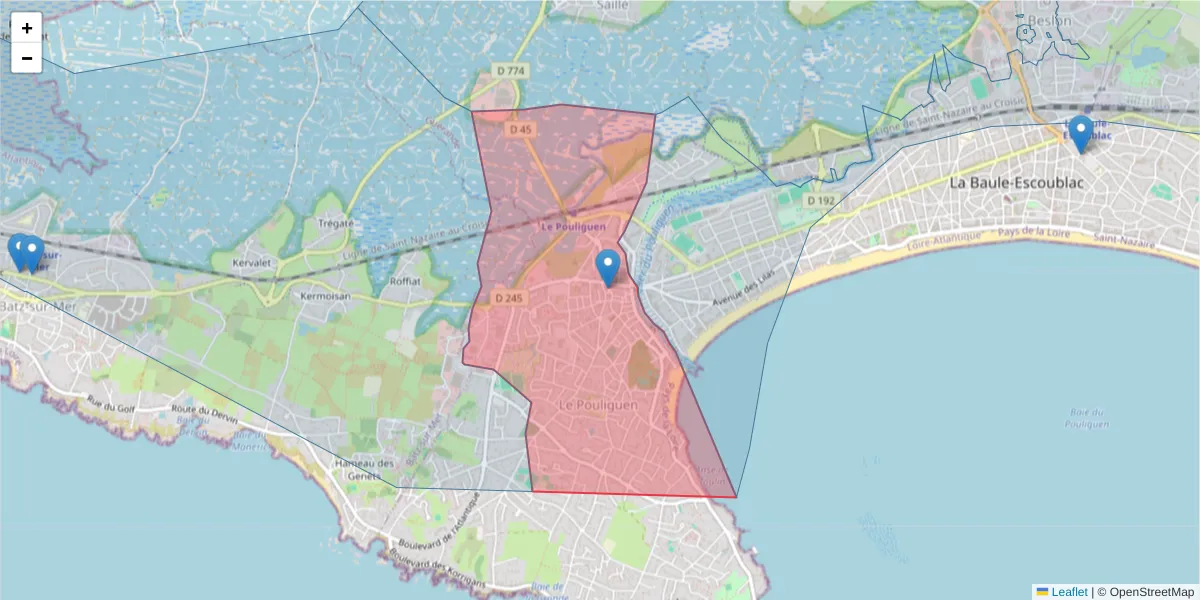 Carte de la zone du code postal  et des codes postaux voisins en France