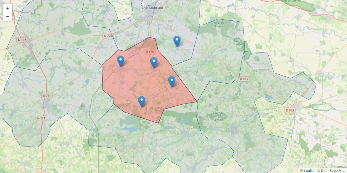 Carte de la zone du code postal  et des codes postaux voisins en France