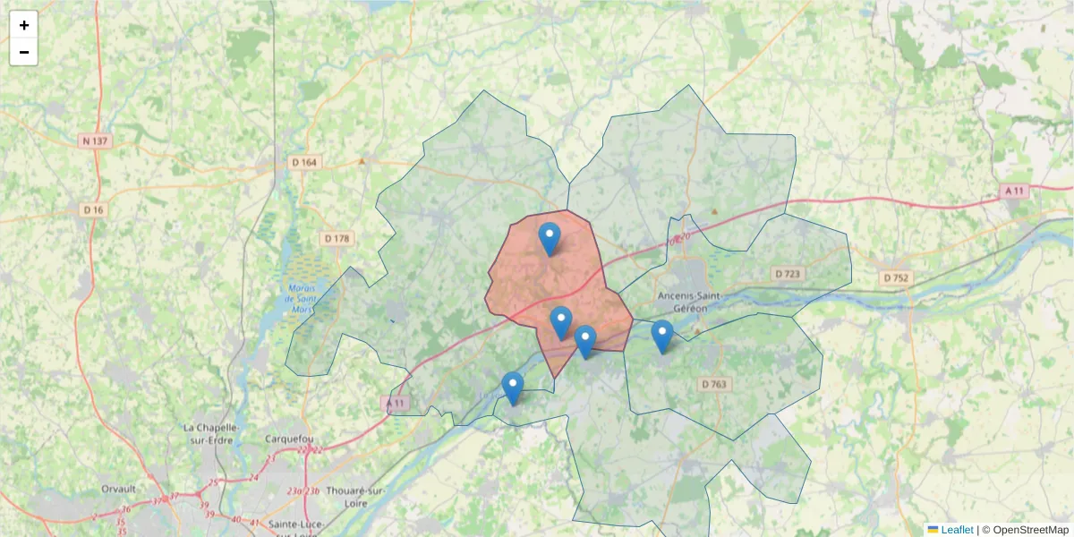 Carte de la zone du code postal  et des codes postaux voisins en France