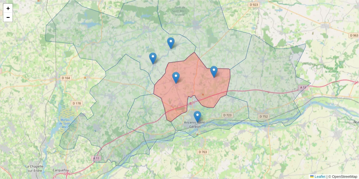 Carte de la zone du code postal  et des codes postaux voisins en France