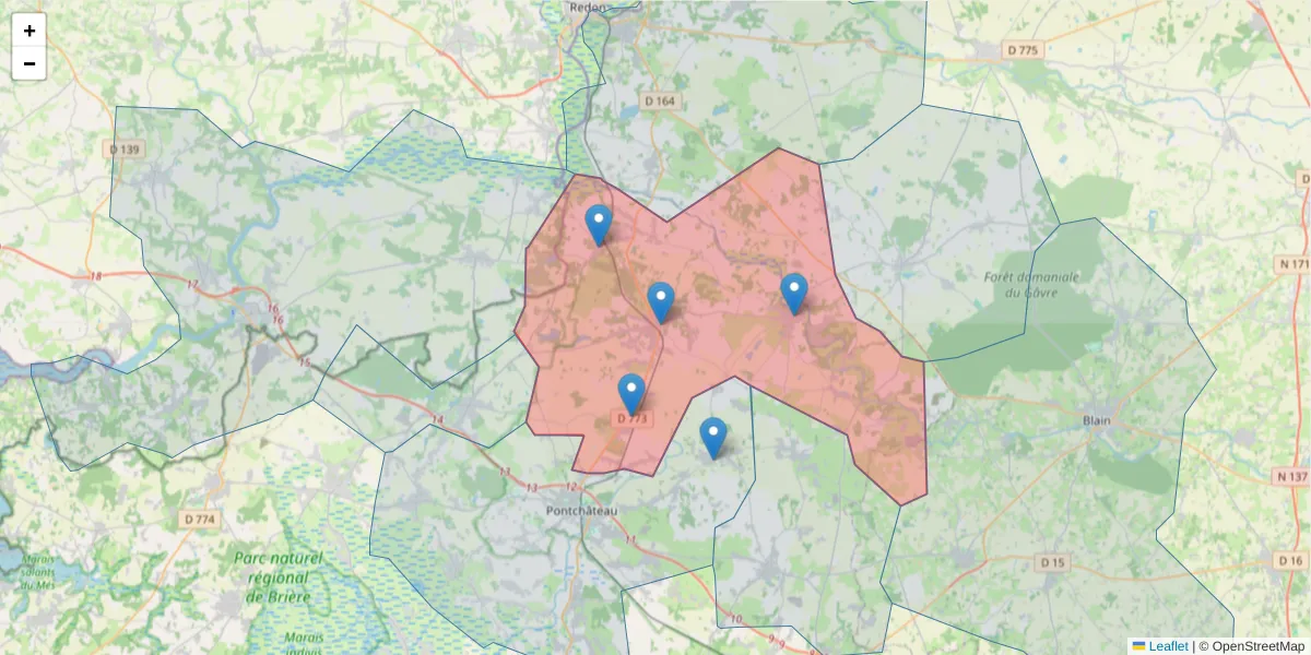 Carte de la zone du code postal  et des codes postaux voisins en France