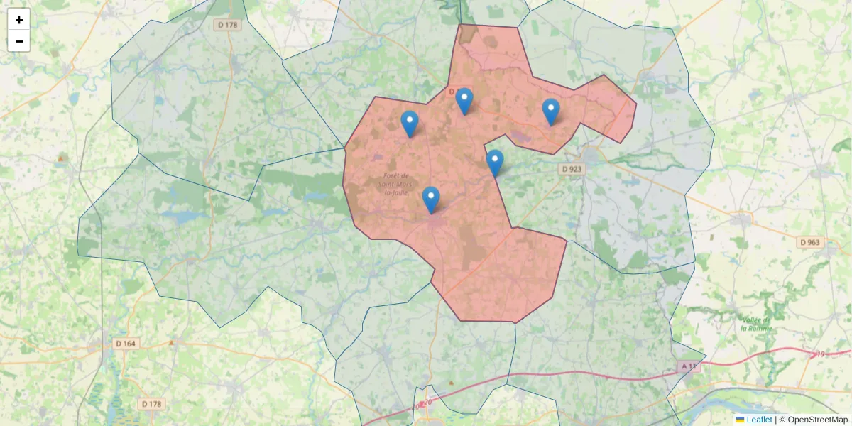 Carte de la zone du code postal  et des codes postaux voisins en France