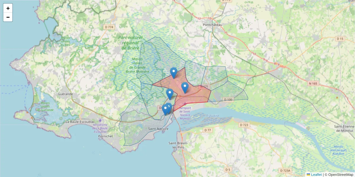 Carte de la zone du code postal  et des codes postaux voisins en France